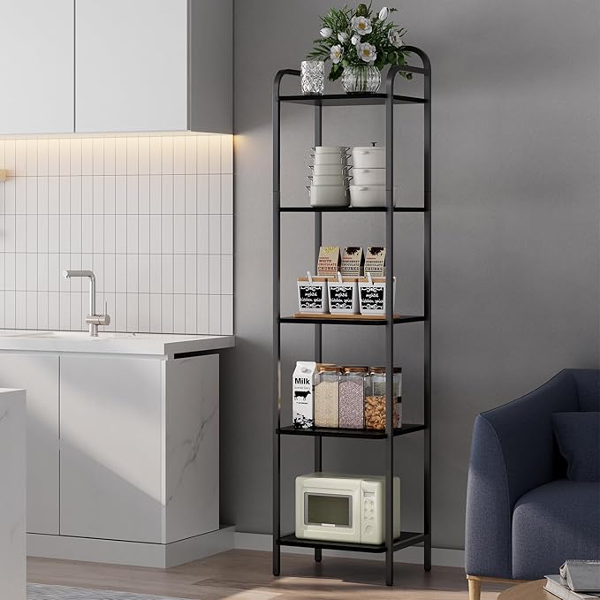 Book Shelf, 5 Tier Bookshelf, Bookcase with 5 Shelves, Storage Rack Organizer, Corner Wood Storage Shelf with Metal Frame for Bedroom, Living Room, Black