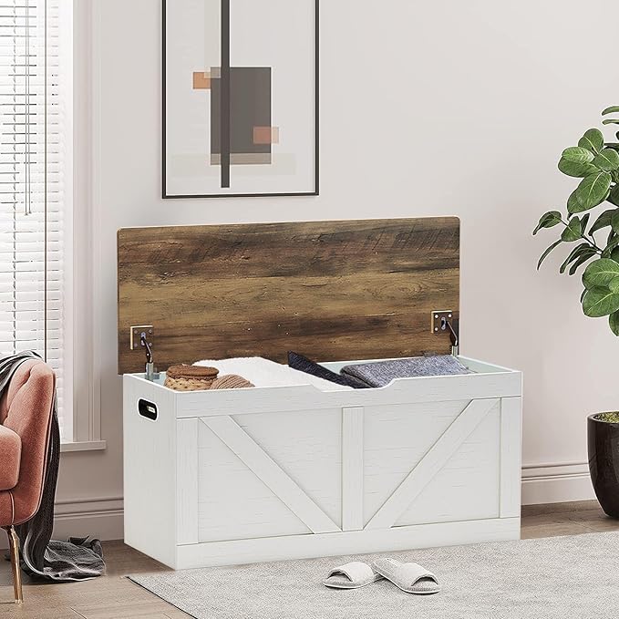 39.4" Storage Chest, Wooden Storage Bench, Large Storage Trunk with 2 Safety Hinges, Entryway Shoes Bench for Living Room, Bedroom, Brown and Rustic White