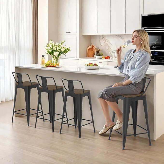 24 Inch Swivel Bar Stools Set of 4, Counter Height Bar Stools with Low Back, Metal Industrial Bar Chairs for Kitchen Island (Matte Black)