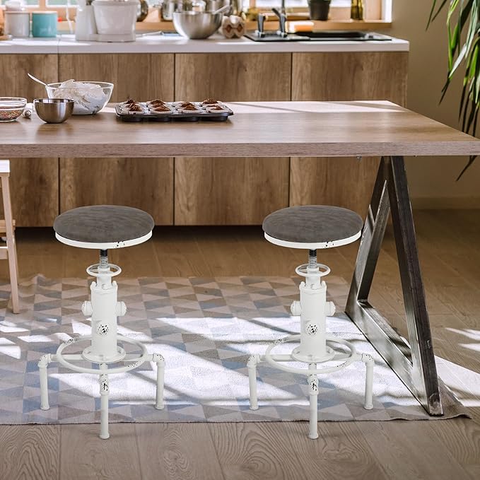 Topower Antique Vintage Industrial Barstool PU Leather Water Pipe Fire Hydrant Design Cafe Coffee Industrial Bar Stool Set of 2 Antique White