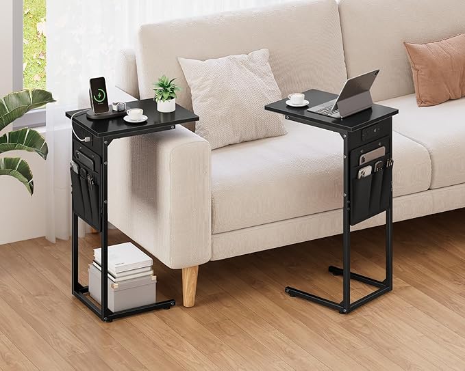 Vagusicc C Shaped End Table with Charging Station, Small Side Table for Couch, Couch Side Tables Recliner Desk, Slide Under Sofa Table TV Tray Arm C Tables for Living Room, Bedroom, Bedside, Black