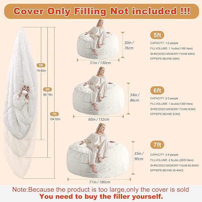 Giant Bean Bag Covers Only, Fluffy Stuffed Beanbag Chair Covers No Filler, Washable Bean Bags Cover for Adults, Stuffed Animal Bean Bag Anti-Slip, 6FT, White