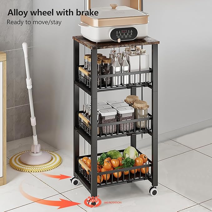 Kitchen Storage Cart Slim Rolling Cart On Wheels,5-Tier Skinny Kitchen Island Utility Organizer Storage Cart with Pull-Out Baskets and Wood Top,Mesh Fruit Basket Cart with Handle