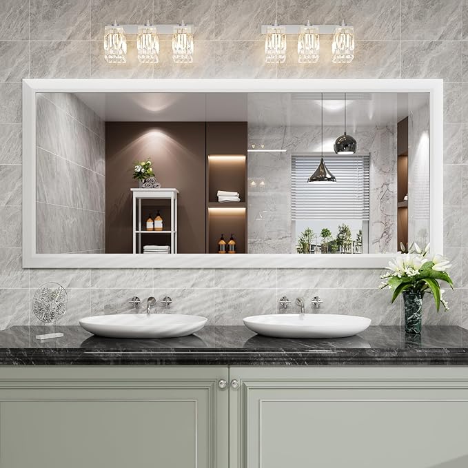 Amorho Bathroom Mirror, 72 X32 Inch White Thick Metal Framed Wall Mirrors for Over 2 Sinks, Bedroom, Living Room, Entryway, Large Rectangle Wall-Mounted Mirrors.