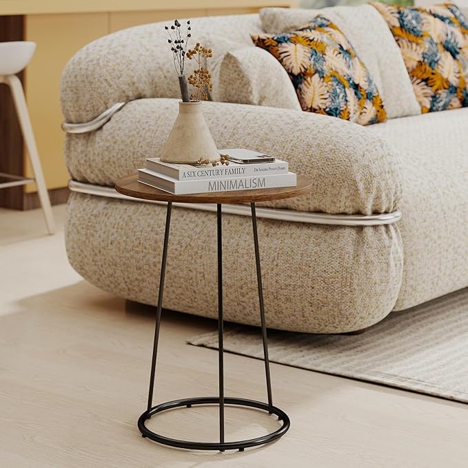 Manora Small Round Side Table, Rustic Brown Wood Accent Table with Metal Frame, Modern Farmhouse Bedside Nightstand for Bedroom and Office, Compact Furniture for Small Spaces