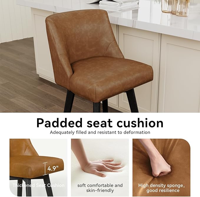 Vipbear Swivel Counter Height Bar Stools Set of 6,26.8" H Counter Stools with Back, Mid Century Modern Bar Stools for Kitchen Island,Faux Leather,Wooden Base, Brown