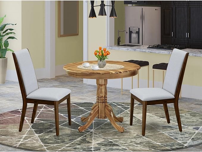 East West Furniture ANLA3-ANA-05 3 Piece Dining Set Contains a Round Kitchen Table with Pedestal and 2 Grey Linen Fabric Parsons Dining Chairs, 36x36 Inch, Natural