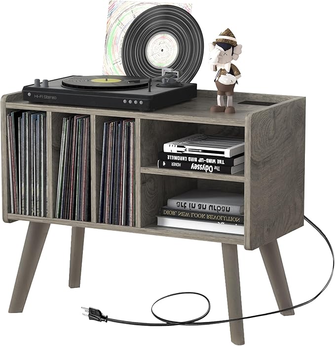 Forevich Record Player Stand Table with Vinyl Storage Holder Large Turntable Record Stand with Power Outlet Holds Up to 220 Albums Display Shelf Cabinet with Wood Legs for Living Room Oak