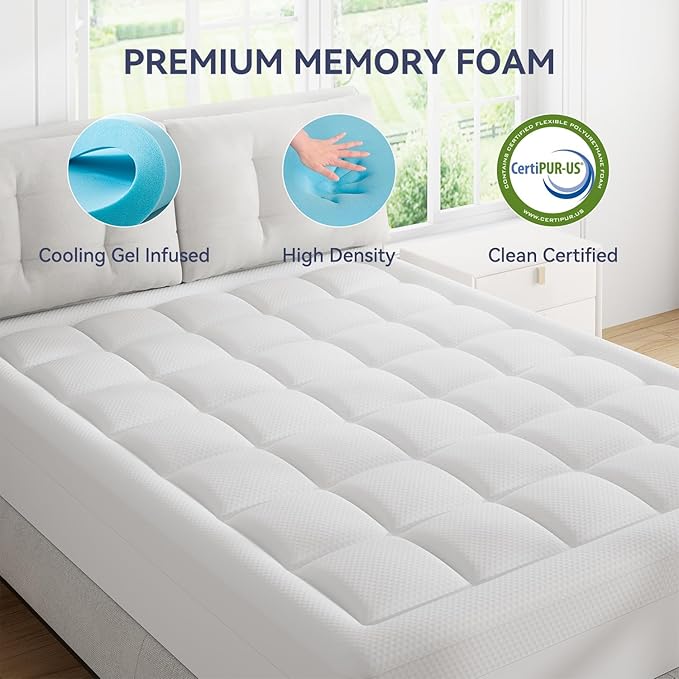 ELEMUSE RV King Dual Layer 3 Inch Memory Foam Mattress Topper, 1 Inch Plush Feel Pillow Top Mattress Topper Cover and 2 Inch Cooling High Density Memory Foam Bed Pad for Back Pain Relief