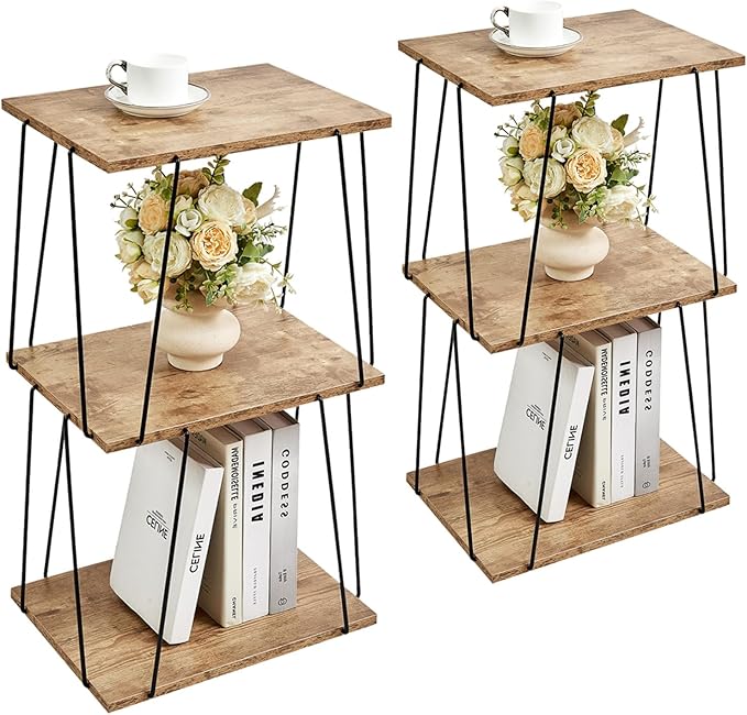 Side Table Set of 2, Tall End Table, Small Accent Table, Bedside Table for Living Room, Bedroom, Greige & Black