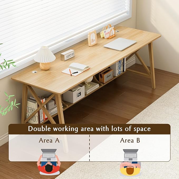 Extra Long Desk with Bookshelf - Wooden Home Office Work Study Table, Writing Computer Workstation with Storage Shelf in Oak, 55" Wx20 Dx30 H
