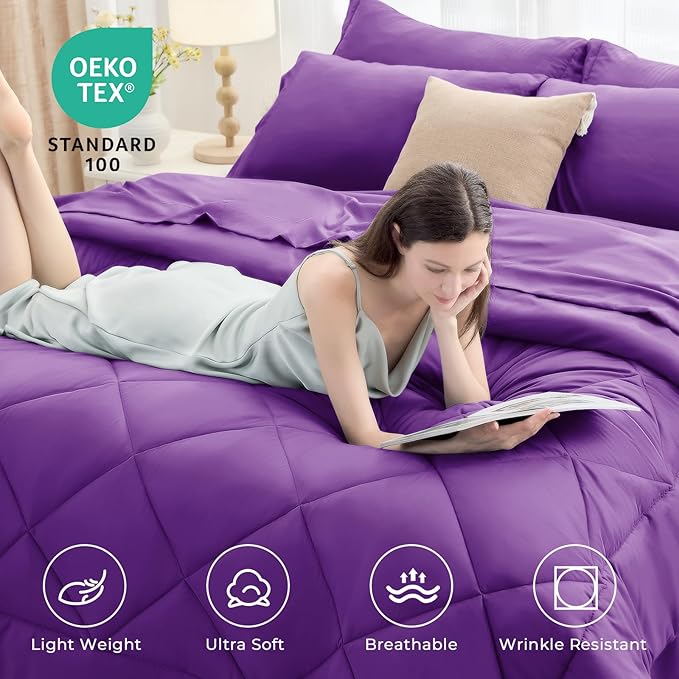 HEVUMYI Purple King Comforter Set - 7-Piece All Season Bed in a Bag King, Ultra Soft Bedding Set with Comforter, Flat Sheet, Fitted Sheet, Pillowcases, Pillow Shams