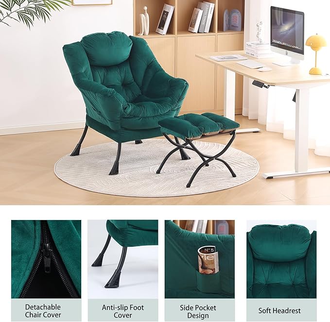 LITA Lazy Chair With Ottoman, Modern Accent Leisure Upholstered Sofa, Contemporary Lounge Reading With Armrests and Side Pocket for Living Room, Bedroom & Small Space, Dark Green