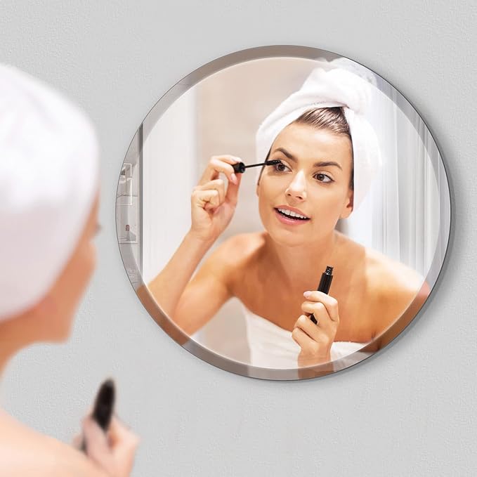 28" Frameless Beveled Round Mirror with 1" Edge for Bathroom, Entryways, Vanity, Wall Decor