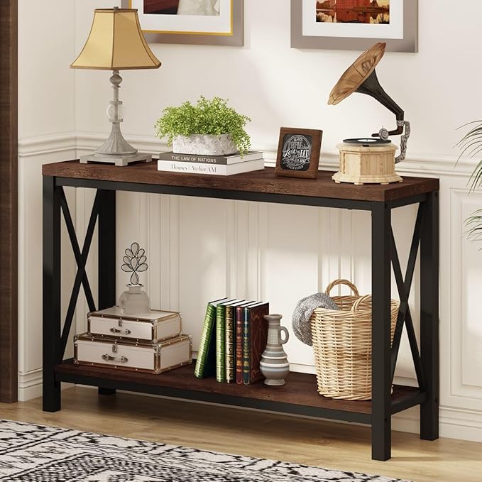 BON AUGURE 2 Tier Console Table for Entryway, Metal Wood Sofa Table Behind Couch for Living Room, Industrial Entry Tables for Hallway, Foyer, Front Door, Entrance (Rustic Oak, 47 Inch)