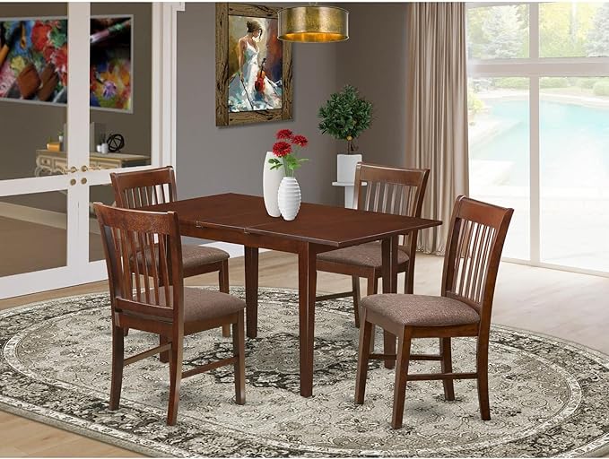 East West Furniture PSNO5-MAH-C 5 Piece Kitchen Table & Chairs Set Includes a Rectangle Dining Table with Butterfly Leaf and 4 Linen Fabric Dining Room Chairs, 32x60 Inch, Mahogany
