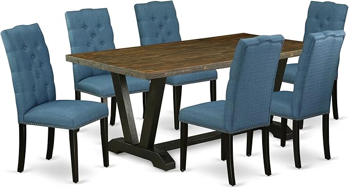East West Furniture V677EL121-7 7 Piece Modern Dining Table Set Consist of a Rectangle Wooden Table with V-Legs and 6 Blue Linen Fabric Parson Dining Chairs, 40x72 Inch, Multi-Color