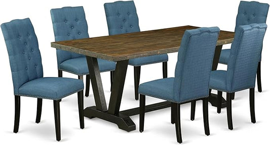East West Furniture V677EL121-7 7 Piece Modern Dining Table Set Consist of a Rectangle Wooden Table with V-Legs and 6 Blue Linen Fabric Parson Dining Chairs, 40x72 Inch, Multi-Color