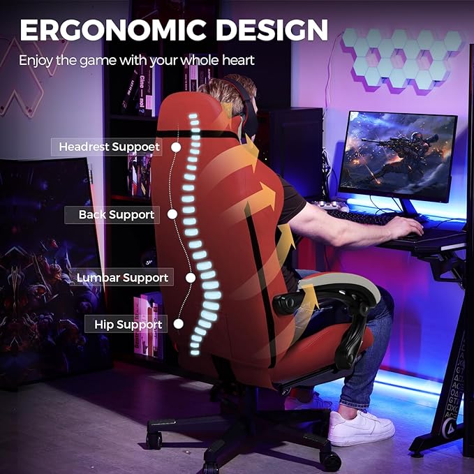 GTPLAYER Gaming Chair with Footrest, Big and Tall Game Chair High Back Computer Office Chair with Lumbar Support for Adults, Ergonomic Swivel Games Chair with Cushion Gaming Faux Leather Red