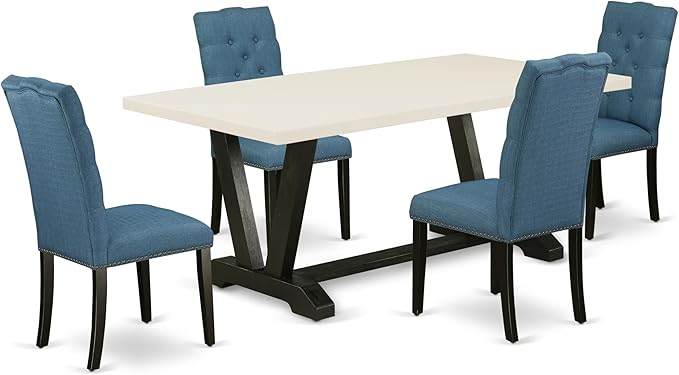 East West Furniture V627EL121-5 5 Piece Kitchen Table Set for 4 Includes a Rectangle Dining Room Table with V-Legs and 4 Blue Linen Fabric Upholstered Chairs, 40x72 Inch, Multi-Color