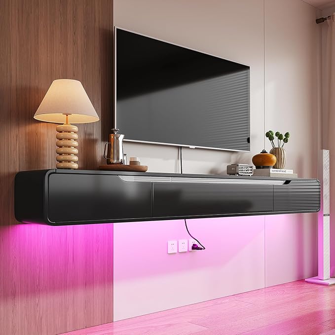 Fully-Assembled Floating TV Stand with Drawers, 47IN High Gloss Wall Mounted Entertainment Center, Modern Media Console with Storage, Under TV Shelf for Bedroom Living Room Black