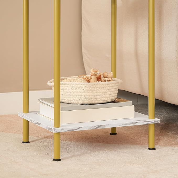 HOOBRO Side Table with Charging Station, Set of 2 End Tables with USB Ports and Outlet, Nightstand with 2-Layer Storage Shelves for Small Spaces, Living Room, Bedroom, Gold and Marble DM09UBZP201