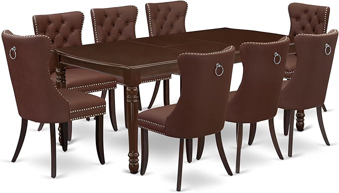East West Furniture DODA9-MAH-26 9 Piece Dinette Set Includes a Rectangle Dining Table with Butterfly Leaf and 8 Polyester Fabric Parson Kitchen Chairs, 42x78 Inch, Mahogany