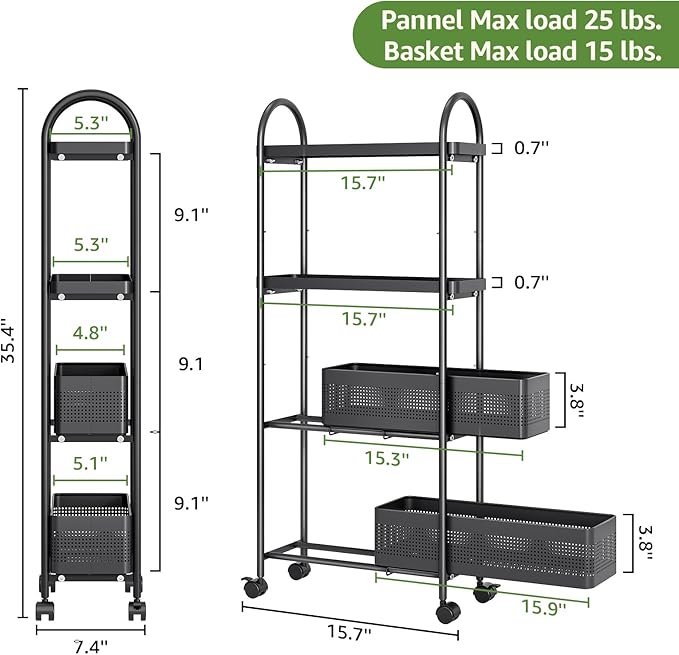 KINGRACK 4-Tier Slim Storage Cart with Pull Out Basket, Rolling Bathroom Organizer Utility, Metal Shelving Unit Slide Out, Lockable Wheels, Easy Assembly for Narrow Place, Kitchen, Laundry Room, Black