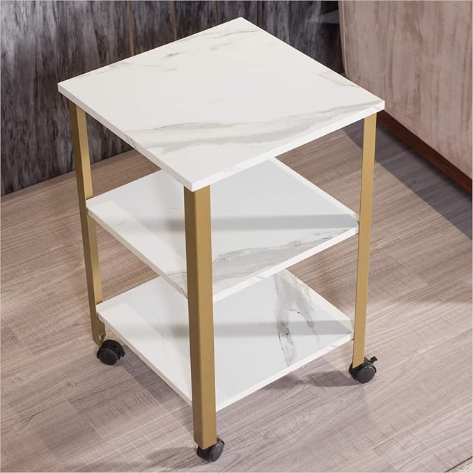 Side Table, End Table with Wheels, Printer Stand with 3-Tier Storage, Bedside Table,Telephone Table,Square Small Side Table for Living Room, Bedroom, Office, Kitchen, Metal Frame, Easy Assembly -White