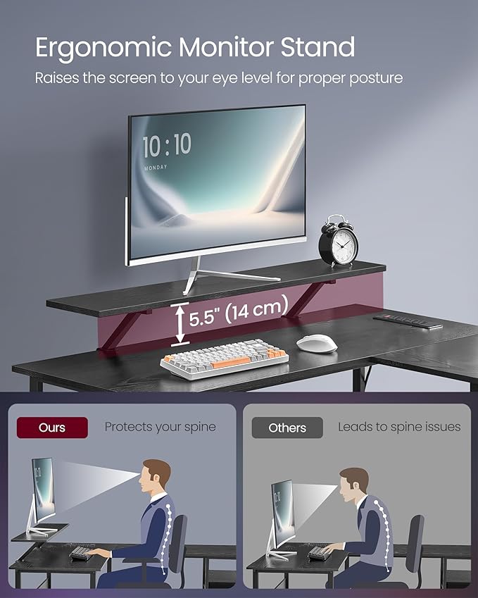 VASAGLE L-Shaped Desk with Power Outlets, Computer Desk with Monitor Stand, Corner Desk, Gaming Desk with LED Lights, 2 Drawers, Easy to Assemble, for Home Office, Ebony Black ULWD095B56