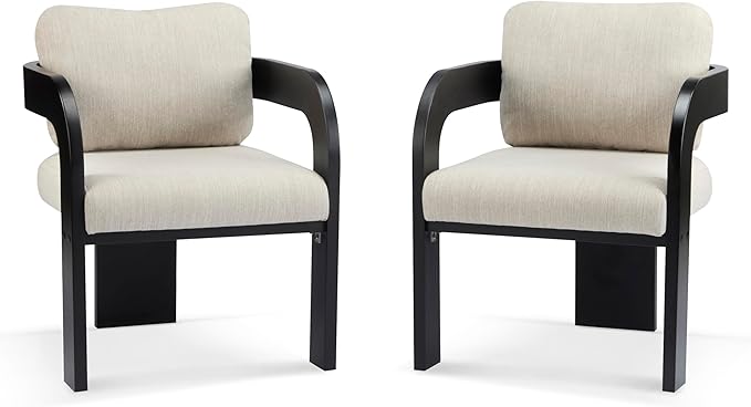 Christopher Knight Home Yorick Modern Dining Chair Set of 2 with Cushion, Solid Wood Dining Room Armchair Set, Curved Backrest Kitchen Side Chair, Living Room Comfy Extra Seat, Black+Beige