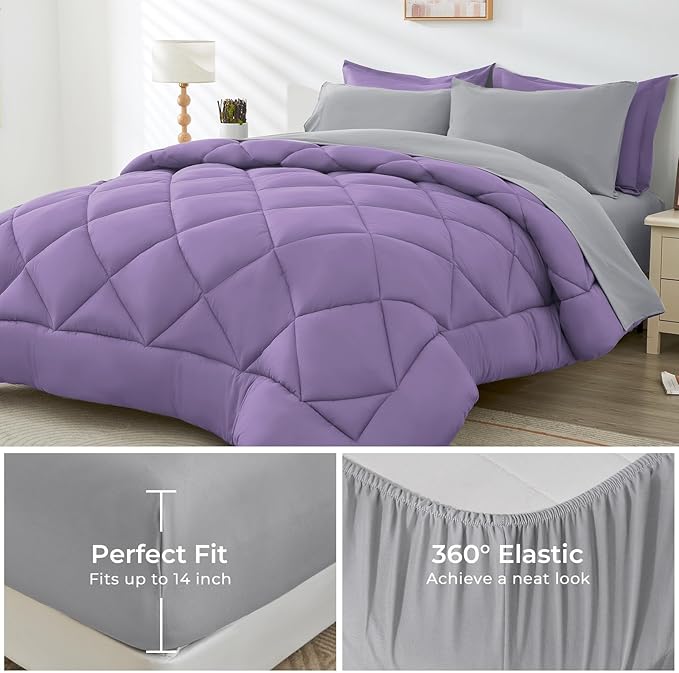 HEVUMYI Cali-King Comforter Set - 7-Piece All Season Bed in a Bag Cali-King, Ultra Soft Bedding Set with Comforter, Flat Sheet, Fitted Sheet, Pillowcases, Pillow Shams, Purple & Light Grey