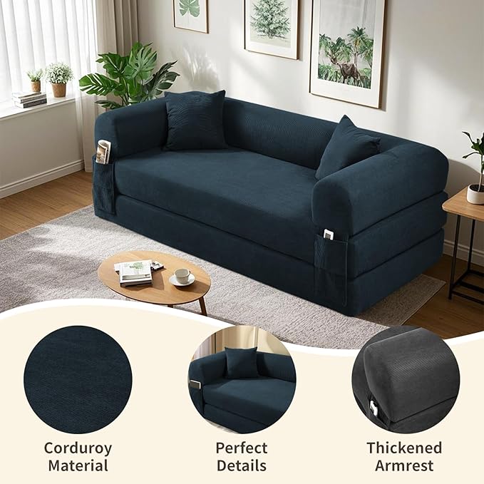 80" Convertible Sofa Bed, Corduroy Deep Seat Folding Pull Out Couch with Pillows, No Assembly Modern Boneless Couch Compression Sofa in Box, Floor Sofa with Storage Pocket for Living Room,Dark Blue
