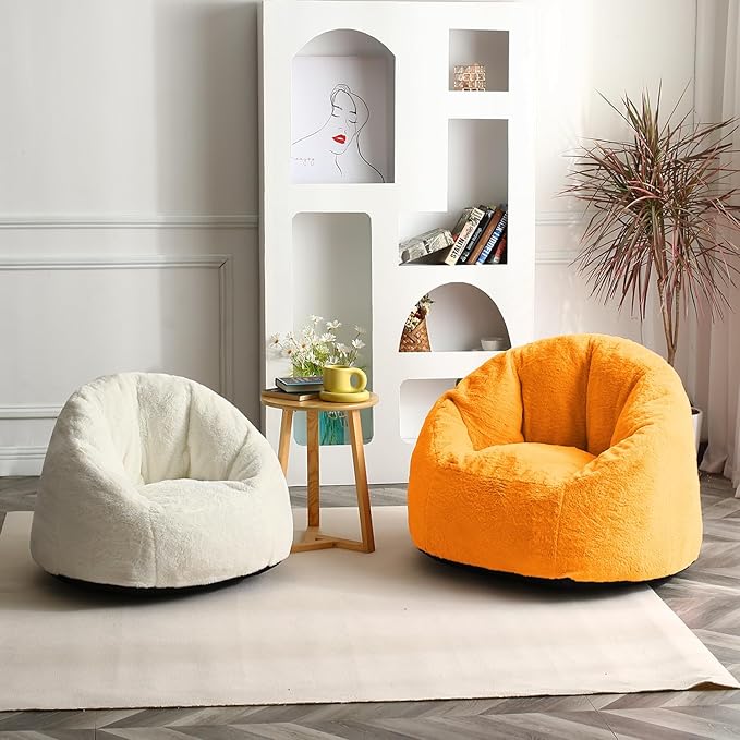 N&V Medium Shell Bean Bag Chair, Adult Size Bean Bag Sack, Foam Filling, Includes Removable and Machine Washable Cover, 37in, Soft Faux Fur, Yellow