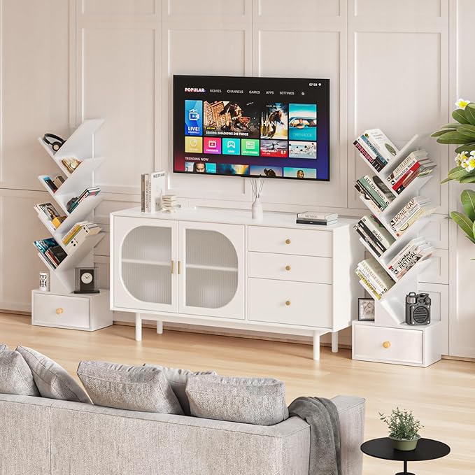 8 Tier Tree Bookshelf with Drawer, Free Standing Wood Bookcase for Living Room, Bedroom, Home Office, Space Saving Storage Organizer Bookshelves for Books, CDs, Vinyl Records- White