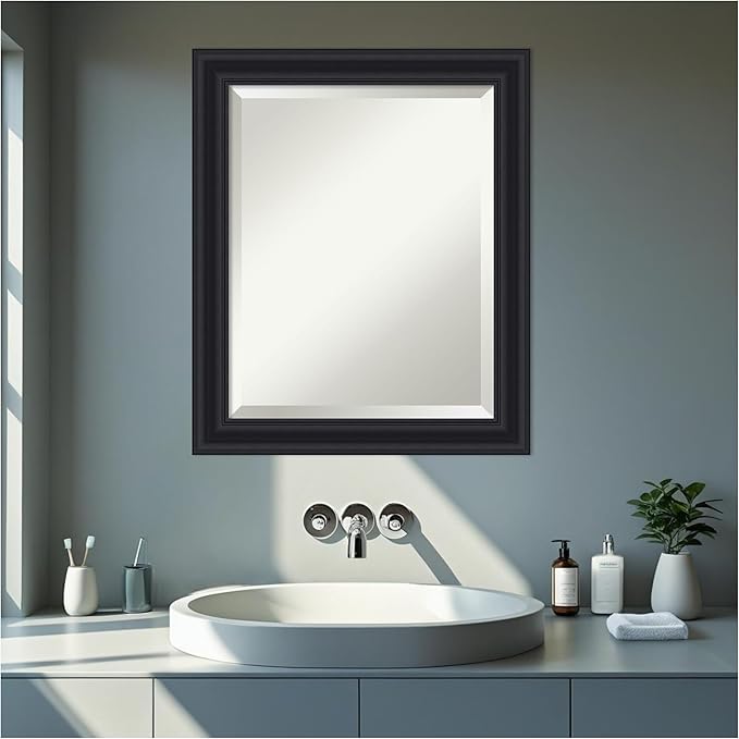 Amanti Art Black Bathroom Mirror for Over Sink, 24x20 Dalat Black Rectangle Vanity Mirror, Small Traditional Frame, Hangs Horizonally and Vertically, Bathroom Wall Decor, Beveled Edge