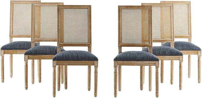 Merax Upholstered Solid Wood Dining Chairs Set of 6, French Country Style Accent Side Seating Furniture for Kitchen, Living Room, Wicker Back, Blue Gray