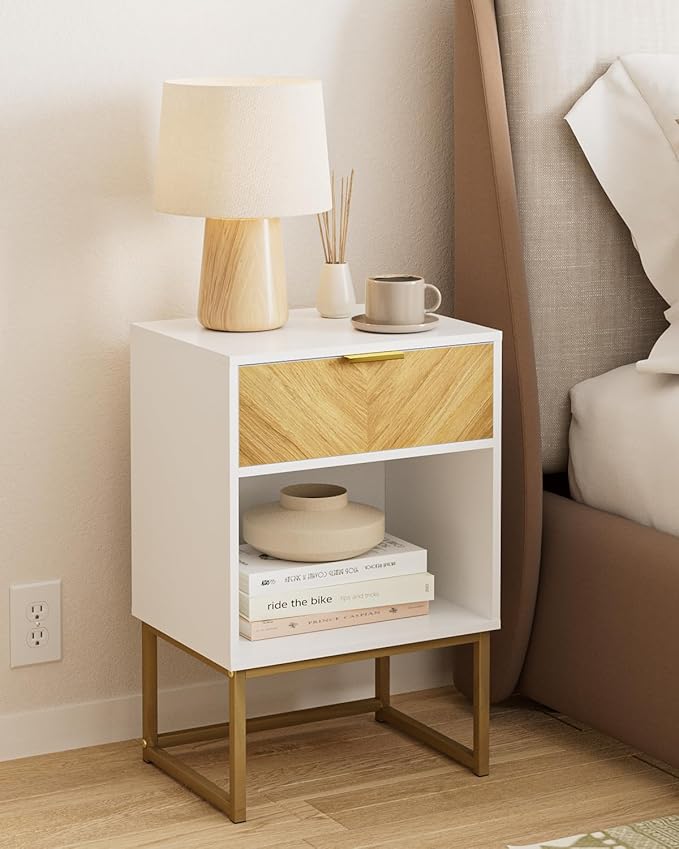 Nightstand, Boho Night Stand Wood Farmhouse Bedside Table with Storage, End Side Table for Bedroom,Living Room,White