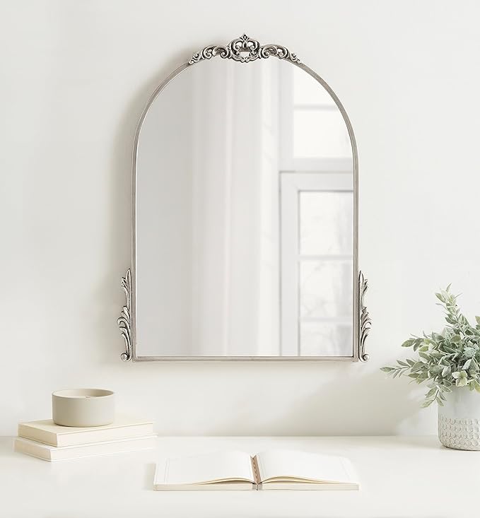 Kate and Laurel Myrcelle Traditional Arched Mirror; 21 x 26; Antique Silver; Decorative Arch Mirror with Ornate Garland Detailing Along The Crown and Edges of The Frame