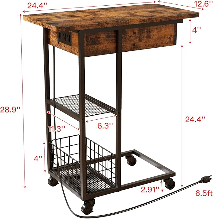 LIDYUK C Shaped End Table with Charging Station, Flip Top Side Table with USB Ports and Outlets, C Table Sofa Table with Storage Shelf for Living Room, Bedroom, Brown