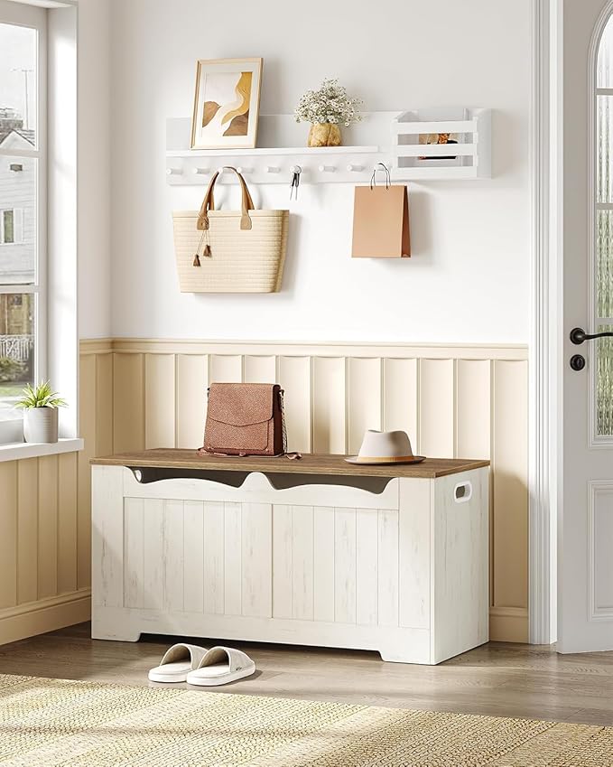 39.4" Storage Chest, Storage Bench Trunk with 2 Safety Hinge, Wooden Box, Lift-Top Chest Organizer, Shoe Bench for Entryway, Bedroom, Living Room, White and Brown SB01014B
