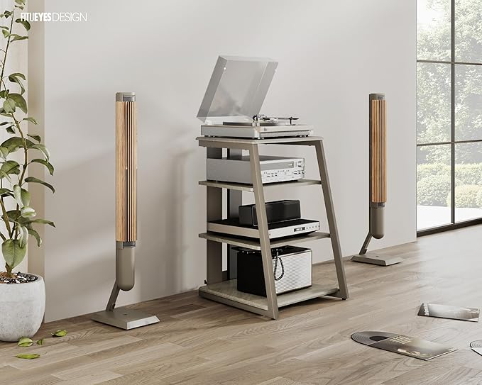FITUEYES Design 4-Tier AV Media Stand Corner Shelf Stand Wooden Corner Shelves Component Cabinet Stereo Rack Audio Tower with Height Adjustable Wooden Shelves for Xbox One/ps4 (Khaki)