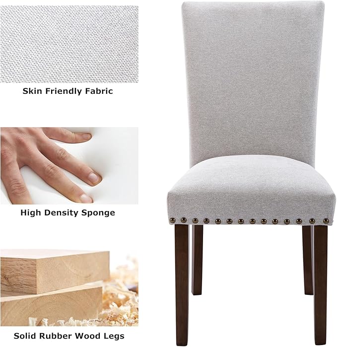 COLAMY Parsons Dining Chairs Set of 6, Upholstered Fabric Dining Room Kitchen Chair with Nailhead Trim and Wood Legs - Light Grey