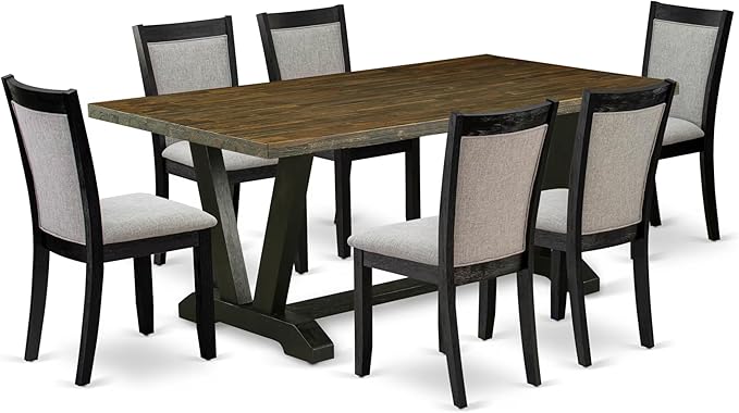 East West Furniture V677MZ606-7 7 Piece Modern Dining Table Set Consist of a Rectangle Wooden Table with V-Legs and 6 Shitake Linen Fabric Upholstered Chairs, 40x72 Inch, Multi-Color