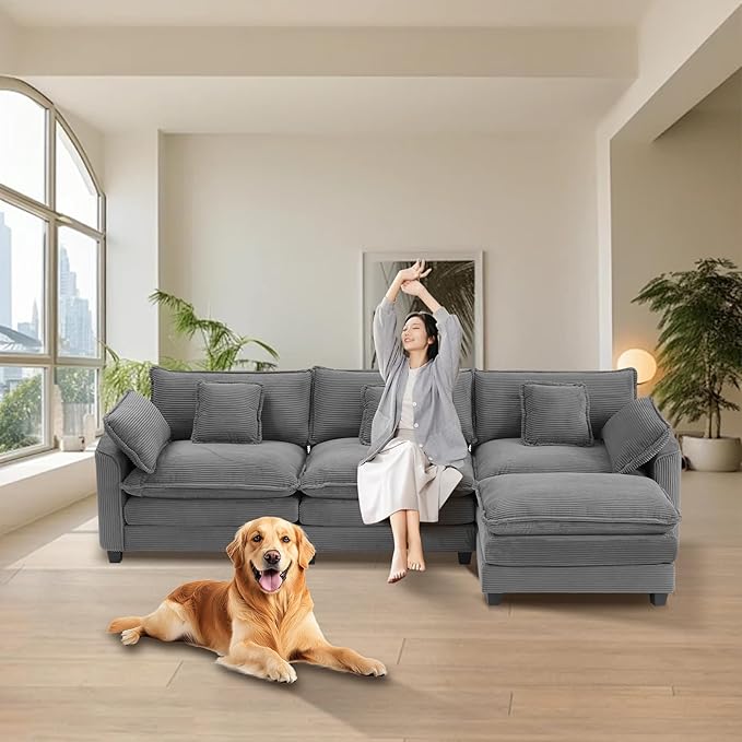 Furniliving 117‘’ L-Shaped Sofa, Luxury Corduroy Modular Sectional Couches with Ottoman, Upholstered Deep Seat Sleeper Sofa with Memory Foam and Waist Pillows, Grey
