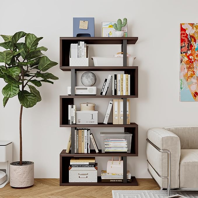 SORCEDAS Bookshelf Geometric Bookcase S Shaped Industrial Bookshelf Storage Display Stand Shelf for Living Room Bedroom and Office Room (Black, 5 Tier)