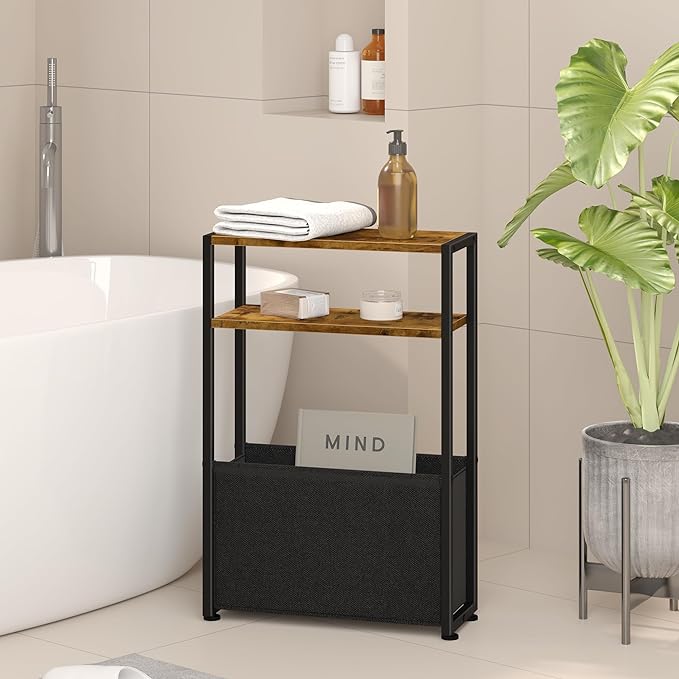 Narrow Side Table, Slim End Tables with Fabric Basket, Skinny Table for Small Spaces, Thin Bedside Table for Living Room, Bedroom