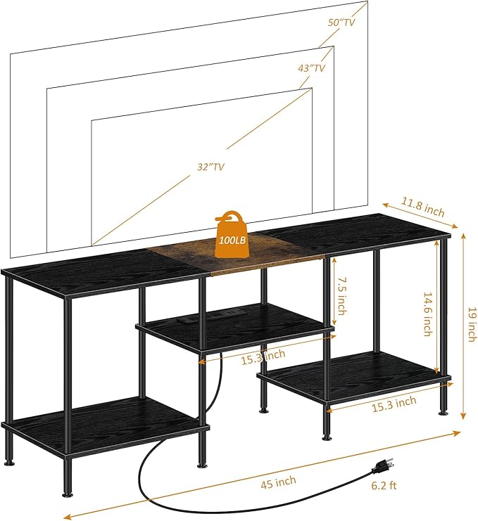 Small TV Stand with Power Outlet, Industrial TV Media Console with Storage Black Wood Entertainment Center up to 50 inch TV for Living Room, Bedroom, Kids Room