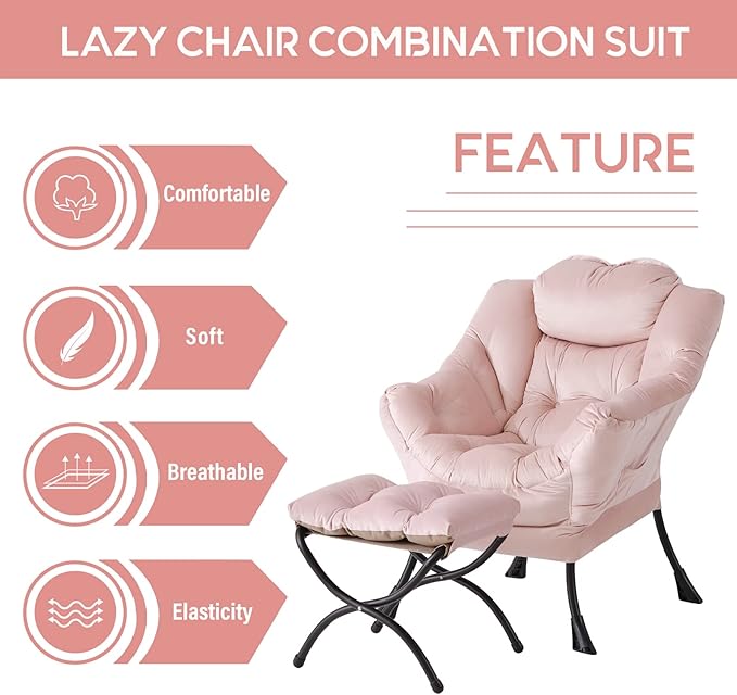 LITA Lazy Chair With Ottoman, Modern Accent Leisure Upholstered Sofa, Contemporary Lounge Reading With Armrests and Side Pocket for Living Room, Bedroom & Small Space, Pink