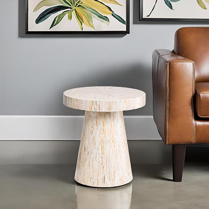 PEMAR Mother of Pearl Pedestal Side Table Modern Mushroom Minimalist Drink Accent End Table for Small Space, Bedside for Bedroom, Living Room, Hallway (White & Cream Sunlight)